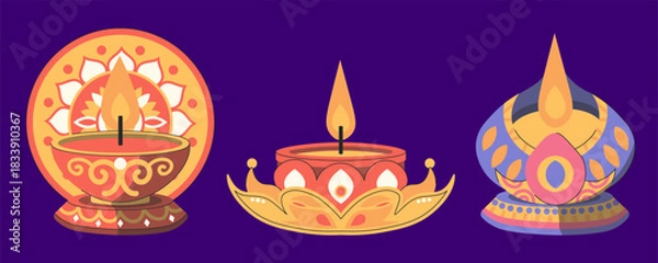 Obraz Illustration Of Three Intricately Designed Traditional Indian Lamps Glowing With Warm Light