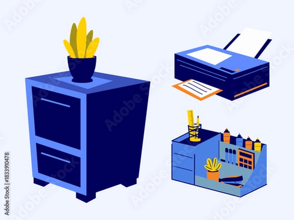 Obraz Essential Office Elements Including Cabinets Printer Workspace Organizer Displayed