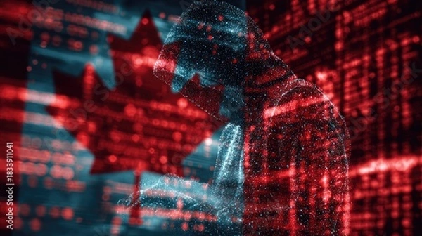 Obraz Digital hooded figure representing a hacker, overlaid on a Canadian flag with data patterns, symbolizing cybercrime and digital security threats against Canada.