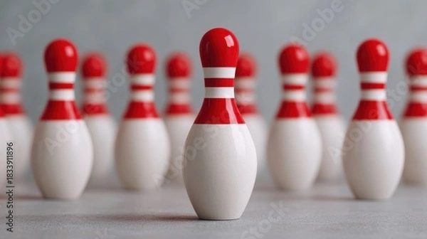 Fototapeta Bowling event glossy white bowling pins in pyramid formation indoor alley sports close-up view standard setup