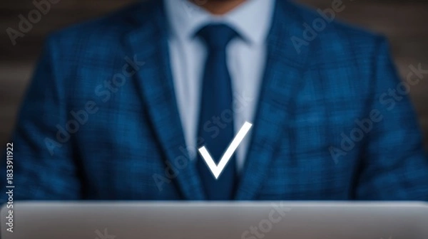 Fototapeta Businessman approving document on laptop for quality control standards office environment professional viewpoint