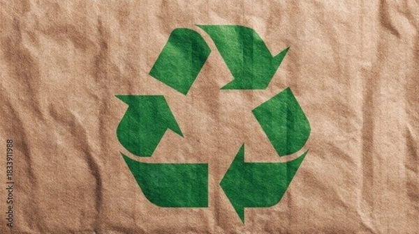 Fototapeta Promoting ecofriendly brown recyclable paper with green recycling symbol in sustainable practices