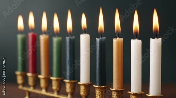 Fototapeta Soft shimmering candle flames illuminate kwanzaa celebration home photo warm ambiance balanced row of colors