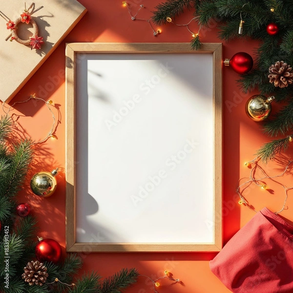 Obraz Christmas Photo Frame Mockup on Dark Wooden Table