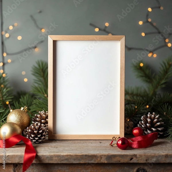 Obraz Christmas Vertical Frame Mockup with Pine and Gift Boxes