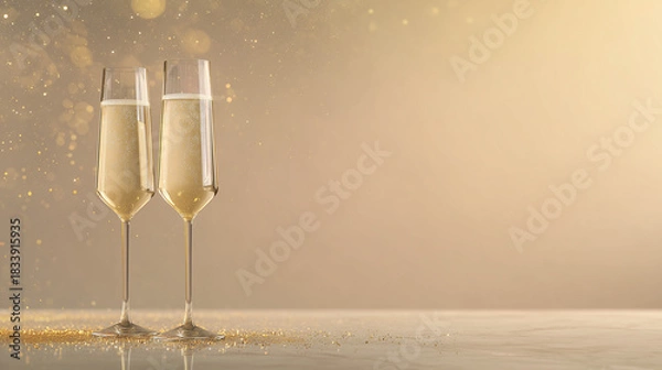 Fototapeta Minimalist new year banner with crystal champagne flutes and golden sparkles
