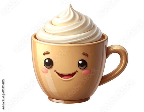 Fototapeta  Smiling Character Mug With Tilted Whipped Cream Topping, Angled Side View, Isolated