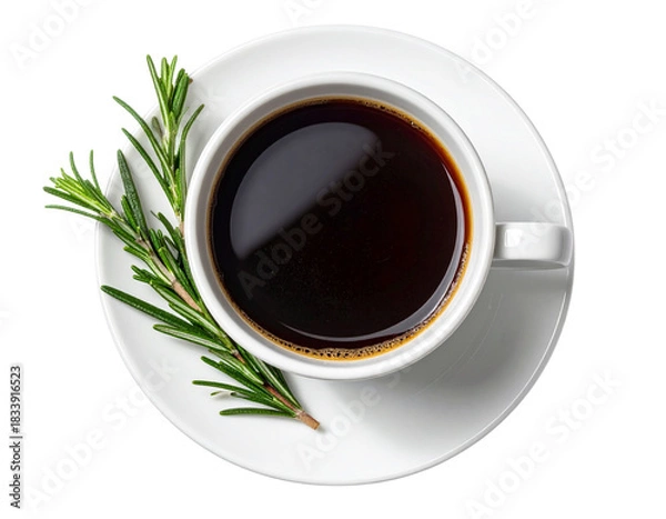 Fototapeta Top-Down Flat Lay of Black Coffee in Cup With Rosemary Garnish on Saucer, Minimalist Composition, Isolated