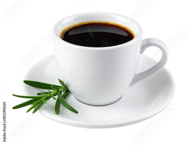 Fototapeta  Black Coffee Cup With Rosemary Sprig on Saucer, Clean Front View, Isolated on Transparent Background