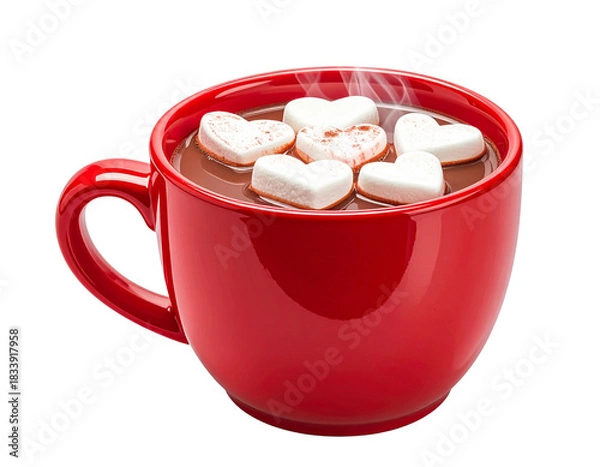 Fototapeta Angled Side View of Red Mug With Heart Marshmallows Floating in Hot Chocolate, Isolated