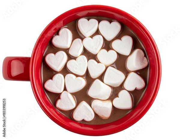 Fototapeta  Top-Down View of Red Mug With Heart Marshmallows, Minimalist Romantic Composition, Isolated