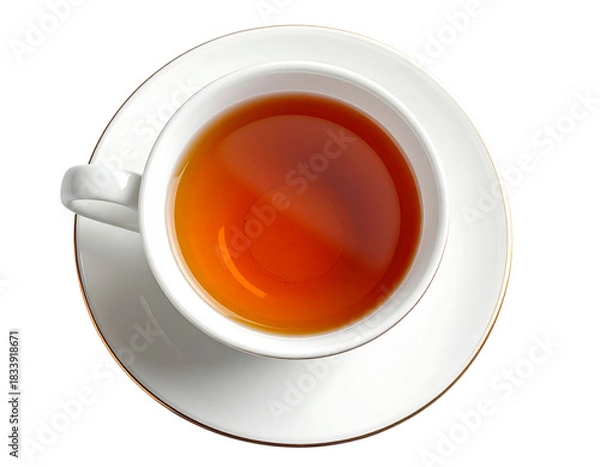 Fototapeta  Top-Down View of Porcelain Teacup Filled with Tea, Saucer Underneath, Isolated