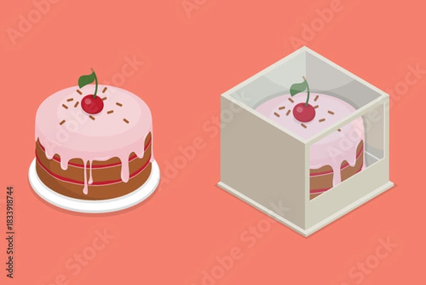 Fototapeta Isometric flat illustration. Cherry cake packed in a box with a transparent lid and a cake on a plate, yummy dessert.