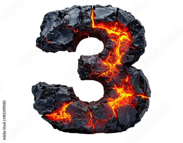 Fototapeta Fiery Lava Number Three Stone, Front View, Isolated on Transparent Background