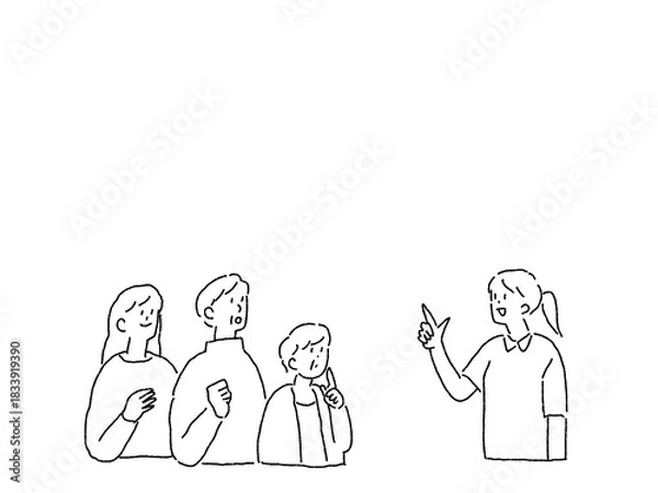 Obraz 高齢夫婦と女性、看護師、介護士の女性、線画