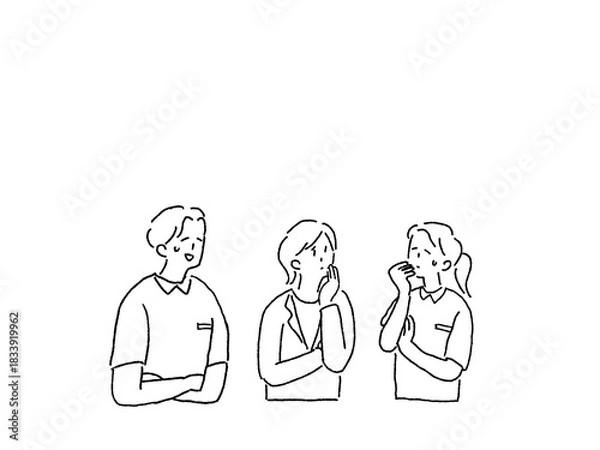 Obraz 困った顔をするケアマネージャー、看護師、介護士、相談員の男性と女性、線画