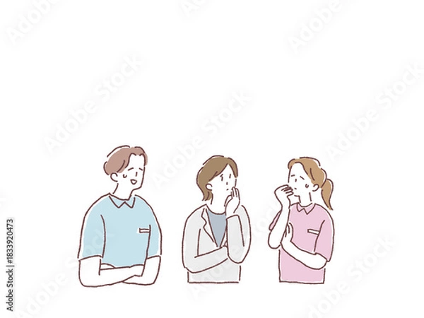 Obraz 困った顔をするケアマネージャー、看護師、介護士、相談員の男性と女性、