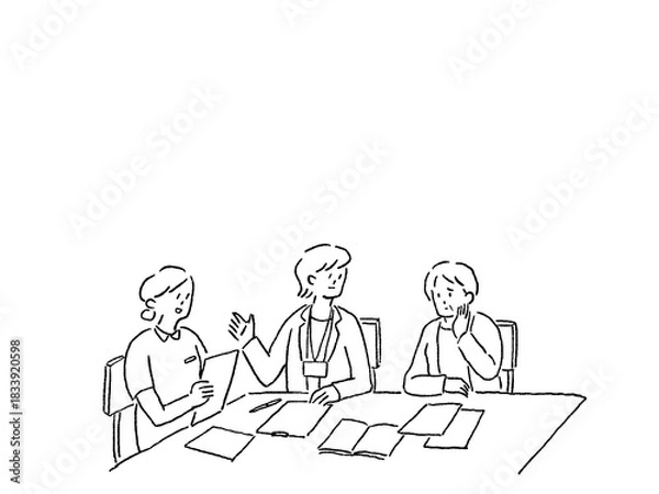 Obraz ケアマネージャー、看護師、介護士、相談員と話す高齢女性、線画