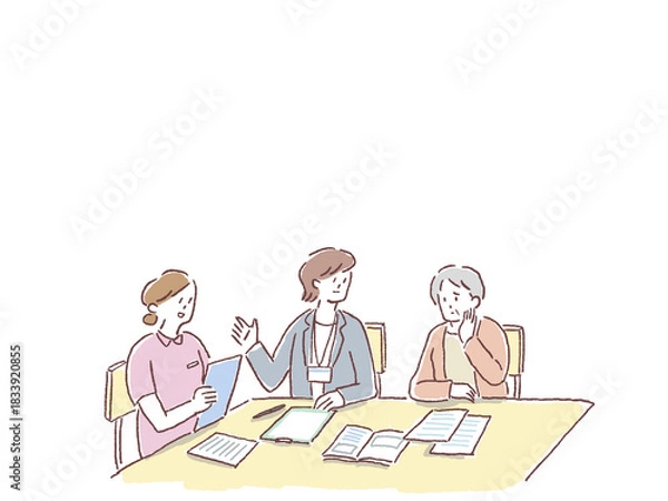 Obraz ケアマネージャー、看護師、介護士、相談員と話す高齢女性、