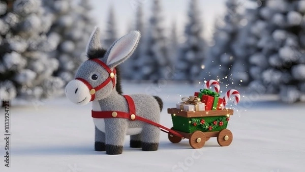 Fototapeta plush donkey pulling a mini christmas wagon