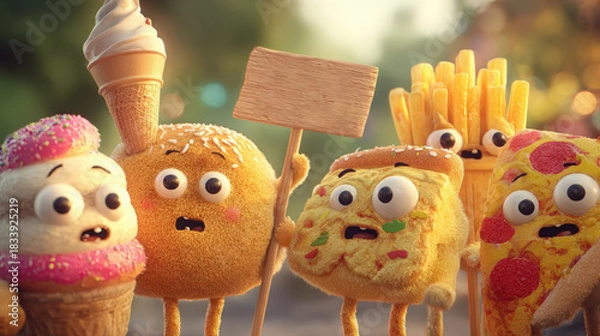 Obraz A group of funny anthropomorphic junk food characters protesting with a blank sign. Cute 3D cartoon pizza, hamburger, and ice cream mascots. Unhealthy eating and diet concept with copy space