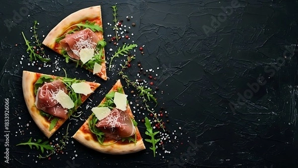 Fototapeta Delicious sliced pizza with meat and greens on a dark background overhead view