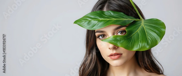 Obraz A young woman's face with a green leaf covering one eye. Natural beauty and organic skincare concept. Studio portrait with copy space for text