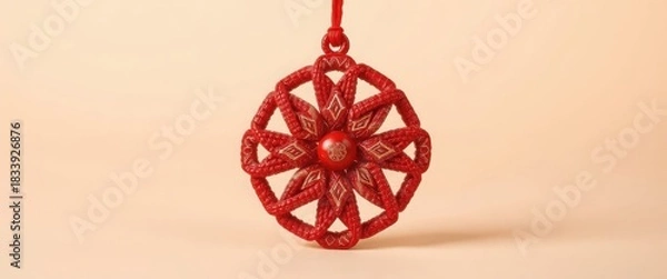 Obraz A traditional red and gold woven chinese knot ornament. Intricate handmade craft decoration for good luck and prosperity. Asian culture and festive celebration concept with copy space