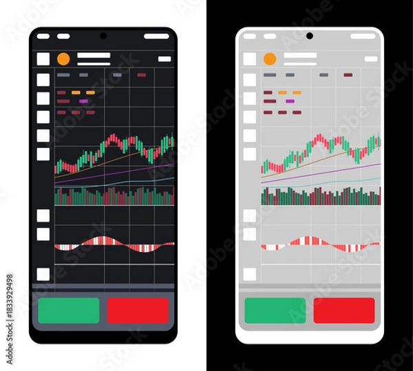 Fototapeta Graphical interface of stock broker terminal. Charts, indicators, and diagrams on tradesman workplace panel. Simple flat vector isolated on dark background