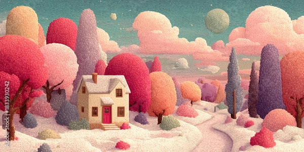 Fototapeta Playful pastel new year scene with cozy house, snow and fireworks, wide panoramic header