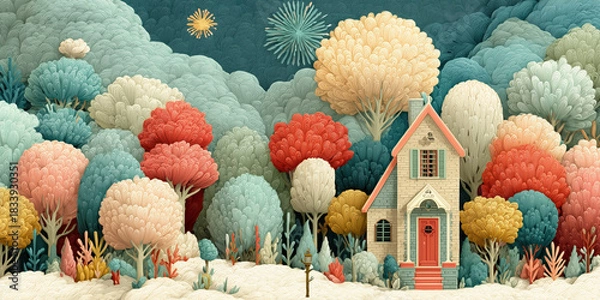 Fototapeta Playful pastel new year scene with cozy house, snow and fireworks, wide panoramic header