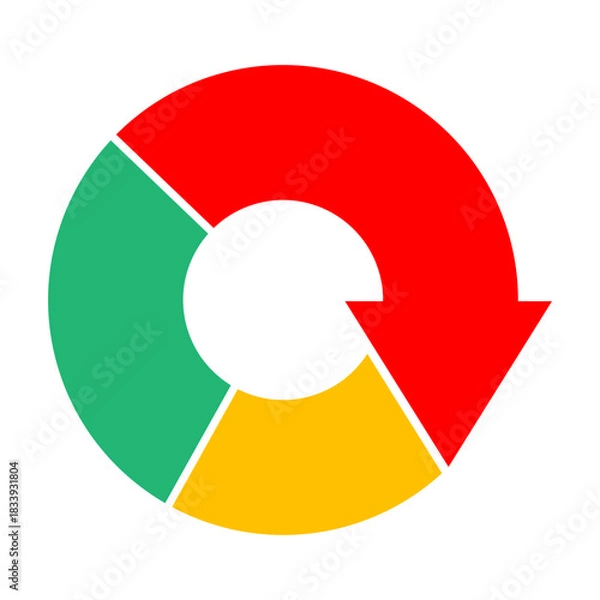 Fototapeta Multi colored ring shaped pie diagram with red arrow of downward trend chart points downwards. Simple flat vector isolated on white background