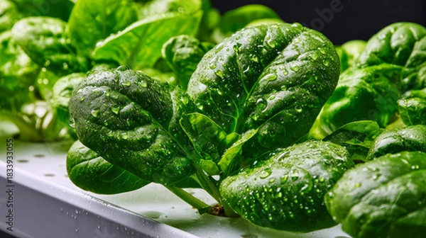 Fototapeta Close-up view of fresh spinach leaves showing dew drops, thriving in a modern hydroponic setup, showcasing a sustainable growing method