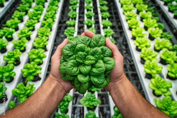 Fototapeta Hands cradle vibrant spinach, highlighting high-tech hydroponic farming techniques used for growing organic produce in a controlled environment