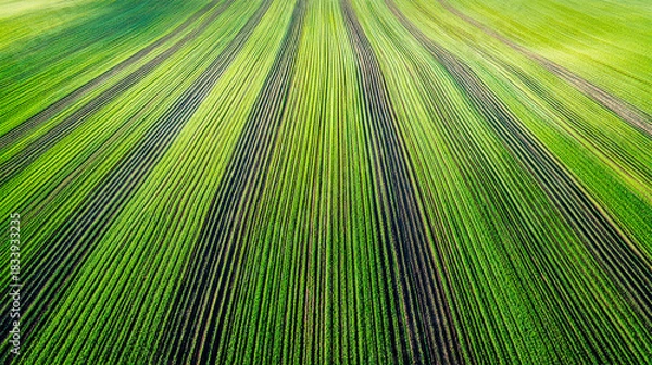 Fototapeta Close-up view of a lush green farm field during harvest season, highlighting the intricate rows of plantings illuminated by bright sunlight