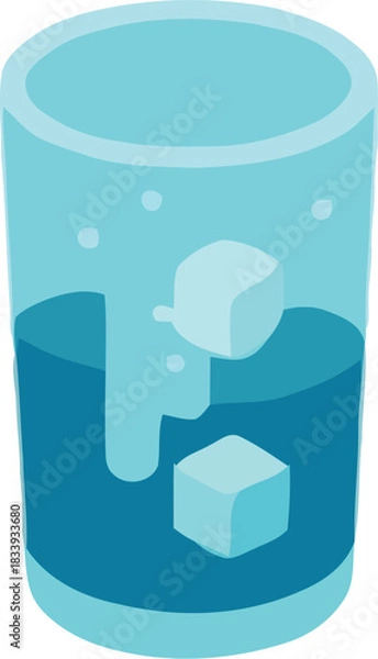 Fototapeta Isometric illustration of a glass of cold blue liquid with ice cube