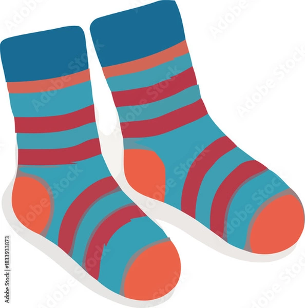 Fototapeta Pair of colorful striped socks with blue and orange accents isolated on