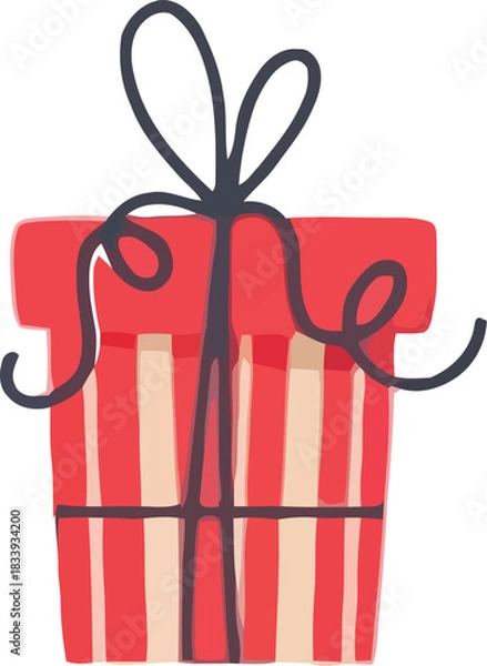 Fototapeta Hand drawn red and white striped gift box with black ribbon isolated on