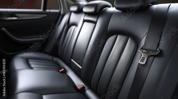 Fototapeta This visually striking scene showcases a modern car's rear seat with stylish black seat belts, emphasizing quality craftsmanship and safety features in automotive design