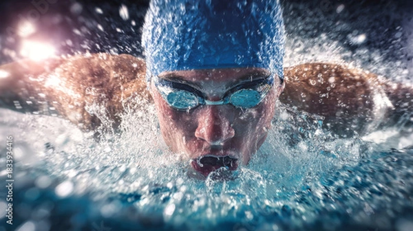 Fototapeta Swimmer competes in butterfly stroke, showcasing power and speed in a bright competition setting