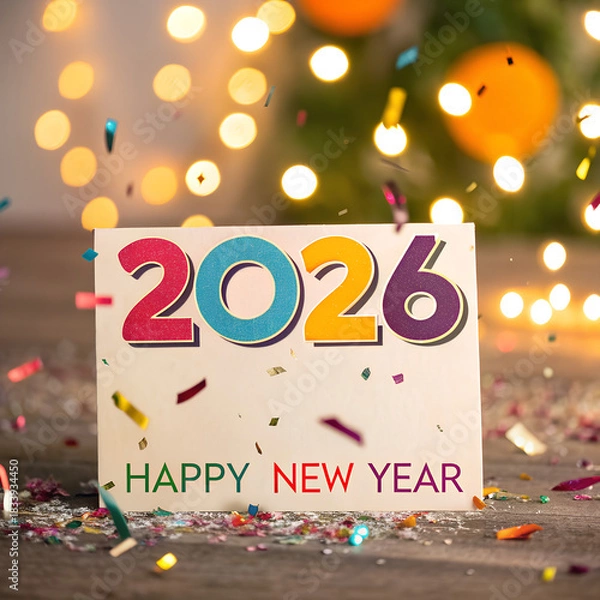 Fototapeta Colorful numbers 2026 celebrate New Year with festive background, celebrating the arrival of 2026, Festive 2026 New Year celebration with colorful, Brightly colored numbers and scattered confetti.