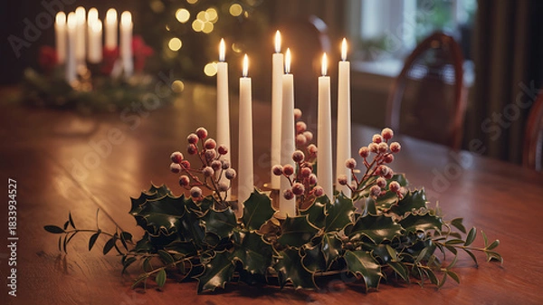 Fototapeta Christmas Day Candlelit Centerpiece with Holly and Berries on Festive Dining Table Near Tree