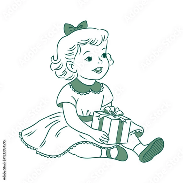 Obraz Girl with gift in her hands. Vintage illustration for New Year or children's birthday, green outline, doodle element