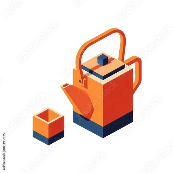 Obraz Isometric Minimalist Teapot and Square Cup Tea Ceremony Abstract Graphic Design Orange Blue Isolated Beverage Drink