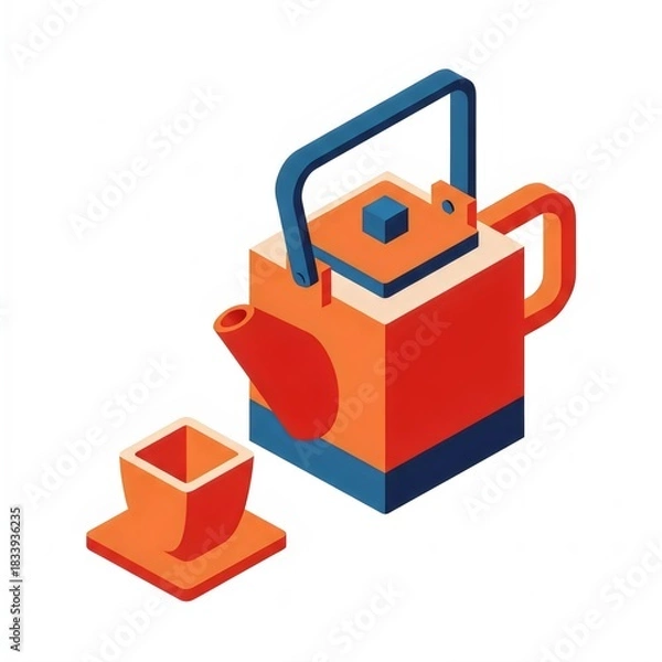 Obraz Isometric Minimalist Teakettle and Square Tea Cup Abstract Graphic Design Orange Red Blue Isolated Hot Beverage Set