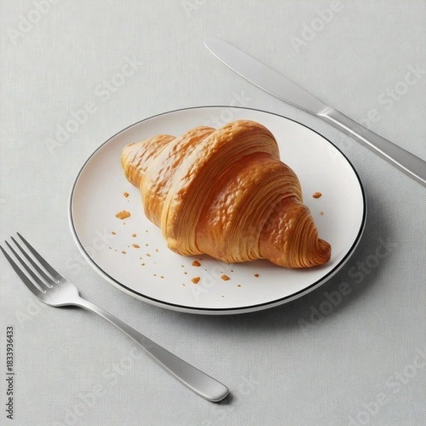Obraz Golden Flaky Croissant on Plate High Angle View Breakfast Pastry Knife Fork Table Setting Bakery Food