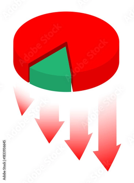 Fototapeta Isometric pie chart with red arrows of stock market crash pointing downwards. Isolated cartoon vector concept on white background top view