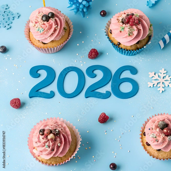 Fototapeta Festive design with cupcakes and happy new year  2026 showing surrounded by colorful party accessories and shimmering textures for a cheerful New Year vibe, New Year's Eve Celebration.