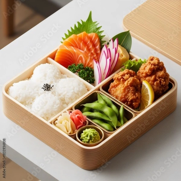 Obraz Japanese Bento Box with Salmon Avocado Sushi Rolls and Karaage Chicken