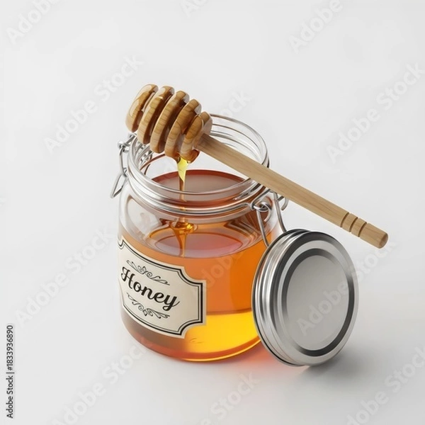 Obraz Glass Jar of Golden Honey with Wooden Dipper and Open Metal Lid